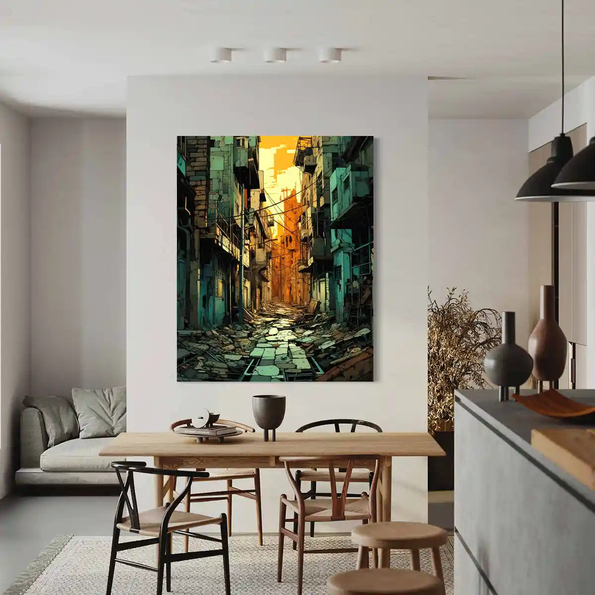 Street Shadows oversized digital wall art print in modern dining room decor.