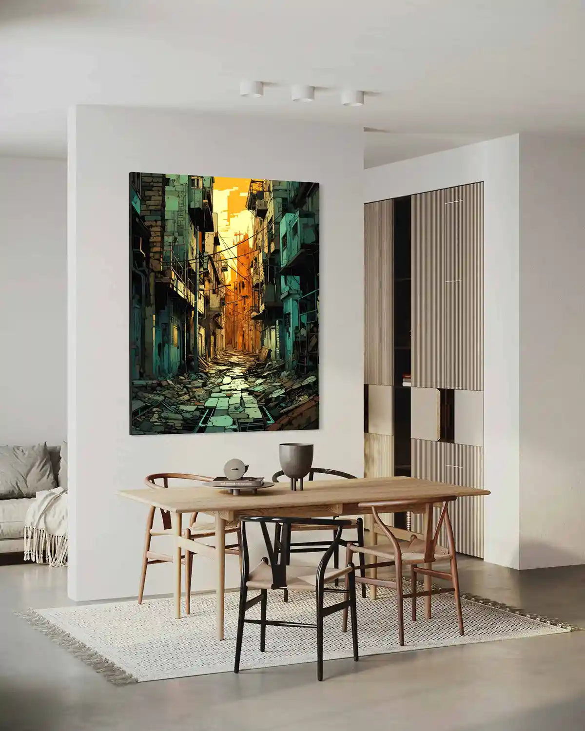 Street Shadows digital art print on oversized wall art in a modern dining room, side view, showcasing an abandoned urban alley with dramatic lighting, blending contemporary art and home design