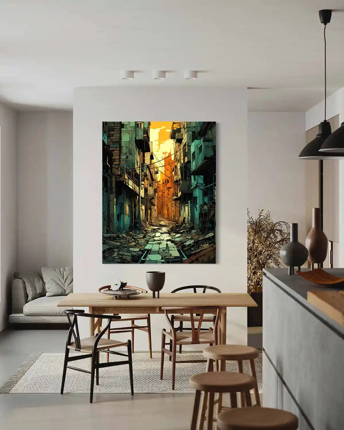 Street Shadows digital art print on oversized wall art in a modern dining room, showcasing an abandoned urban alley bathed in sunset light, blending contemporary art with home design
