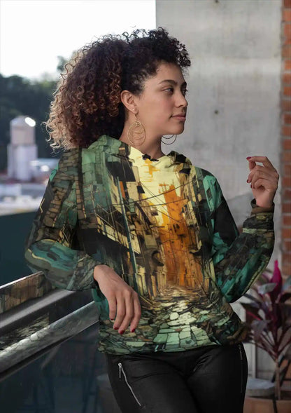 Street Shadows digital art print on a sublimated hoodie, featuring a woman at a balcony, blending urban scenery with contemporary art