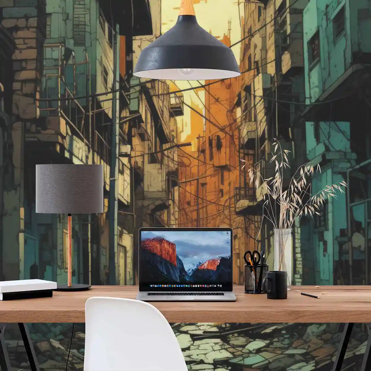 Street Shadows digital art print on wallpaper, featuring a working space desk, adding a dramatic urban touch to modern home decor.