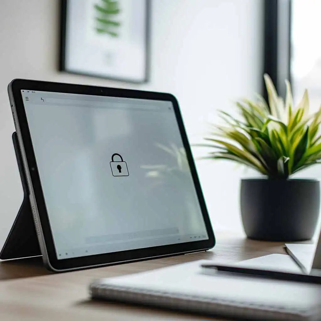 Tablet on a desk displaying a privacy policy page with a lock icon, representing data privacy and security.