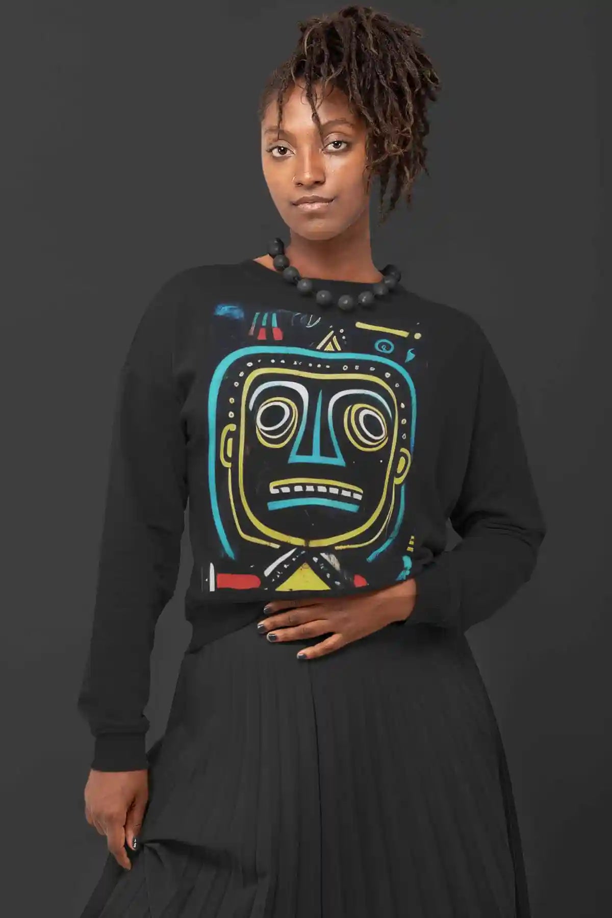 The Neighbors digital art print on a crewneck sweatshirt featuring a woman in a monochromatic outfit, showcasing vibrant, whimsical characters with contemporary art elements