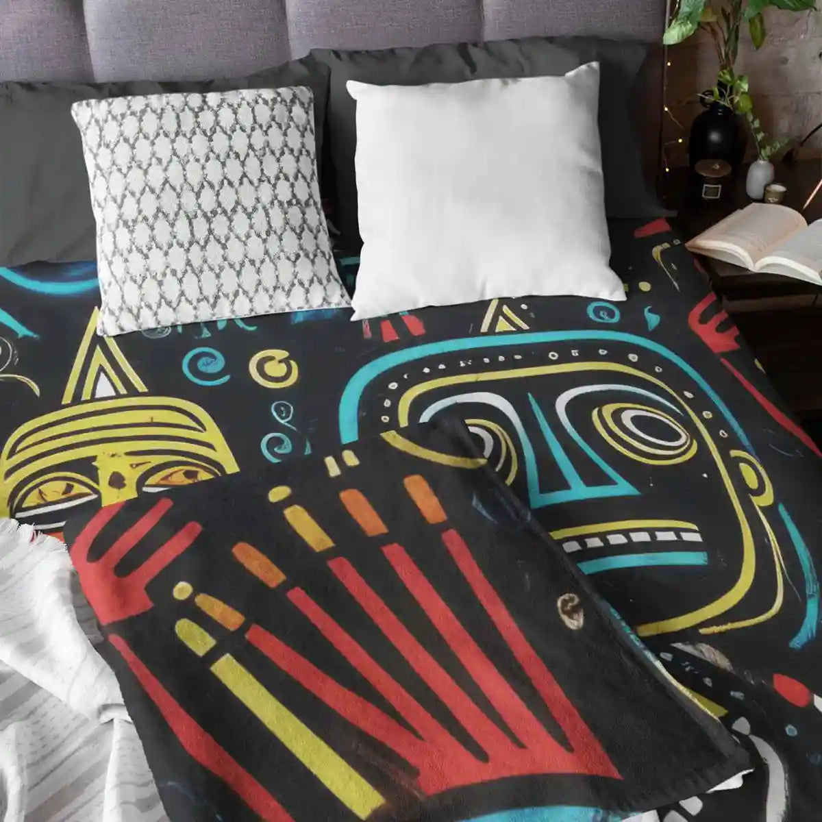 Cozy bed with duvet cover and blanket featuring The Neighbors digital art print.