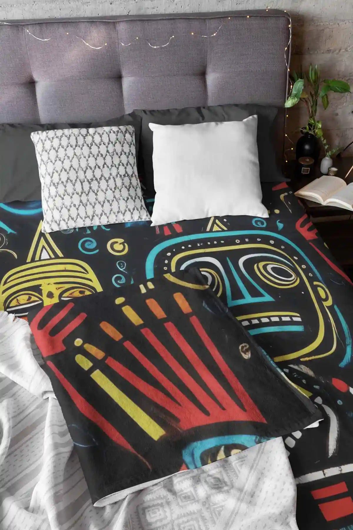 The Neighbors digital art print on duvet cover and blanket in a bed, featuring whimsical characters with vibrant colors, adding a playful touch to modern home decor