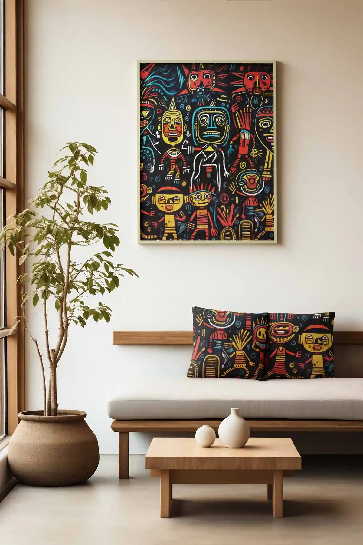 The Neighbors digital art print on a pillow and wall art print placed in a relaxing living room, featuring vibrant and whimsical characters, adding charm and personality to home decor.