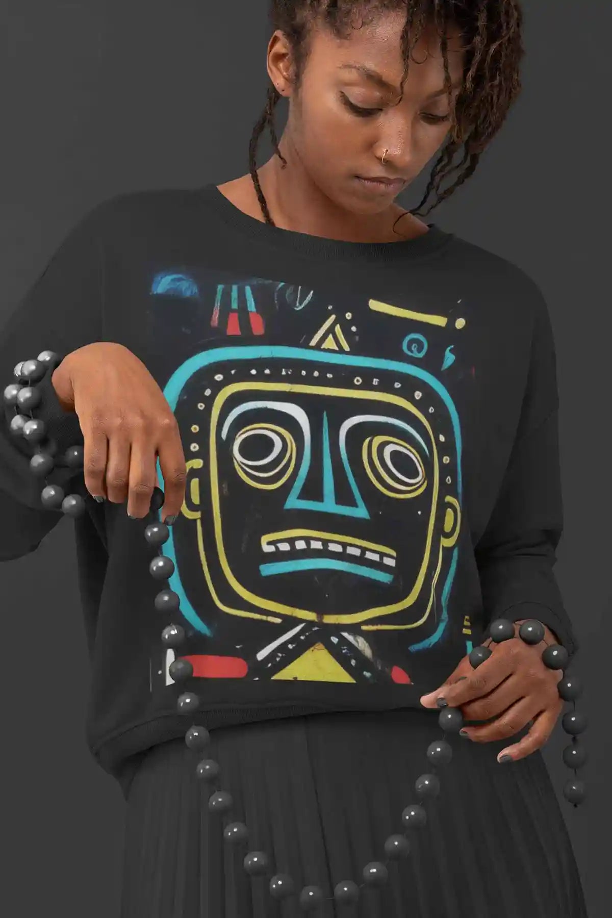 The Neighbors digital art print on a sweatshirt featuring a woman with a vintage look, showcasing vibrant, whimsical characters, blending contemporary art with modern fashion.