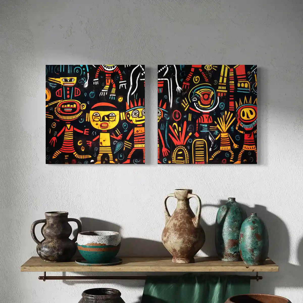 Eclectic folk-inspired modern space with The Neighbors diptych digital wall art.