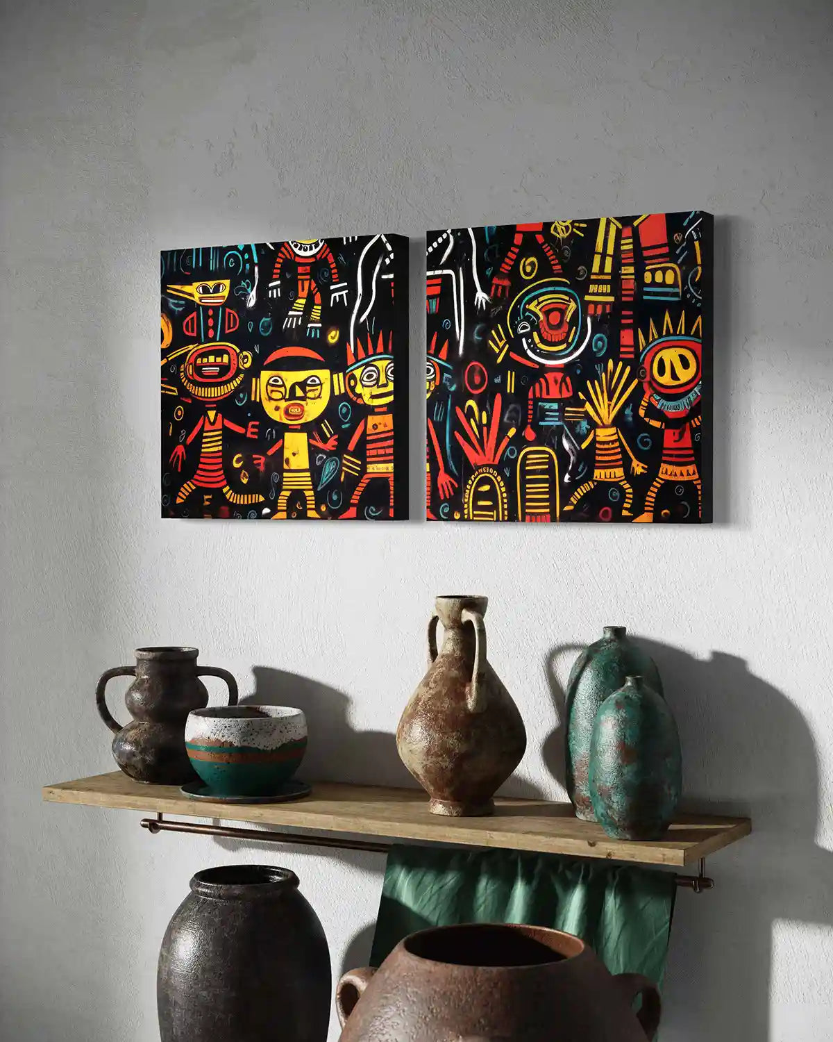 The Neighbors digital diptych wall art print in an eclectic folk modern interior, featuring vibrant and whimsical characters, adding charm and personality to home decor. Side view of the artwork