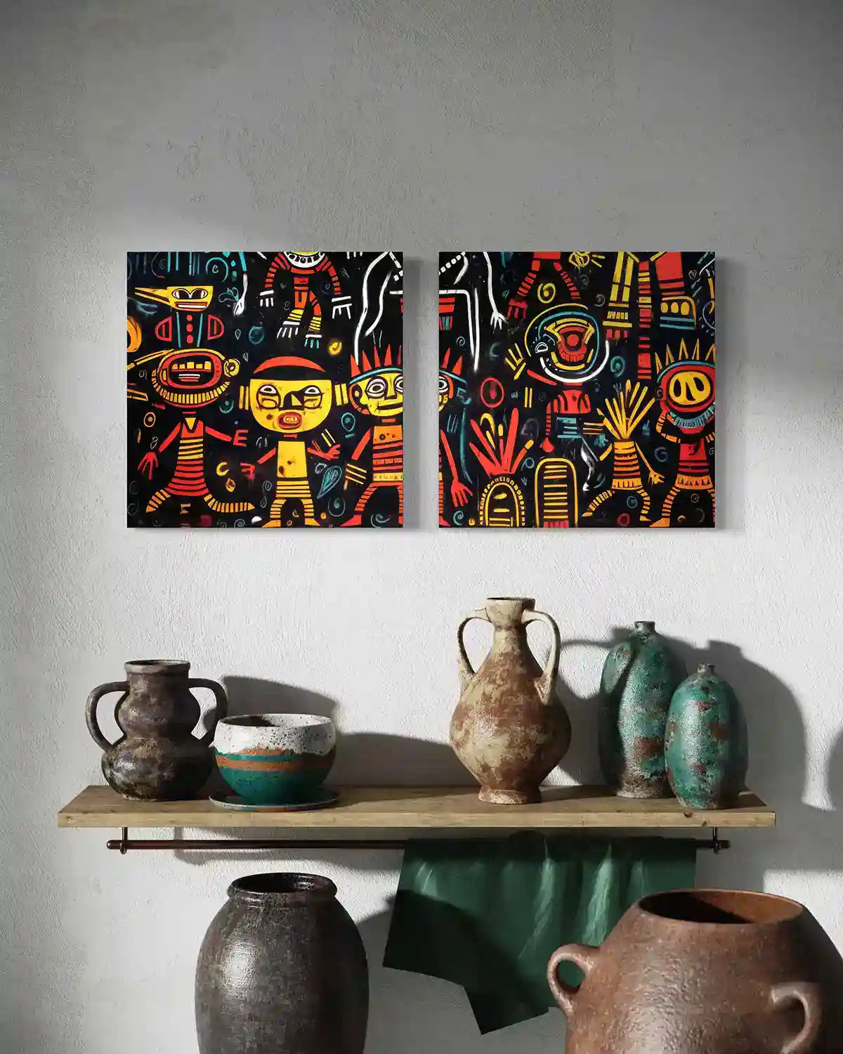 The Neighbors digital diptych wall art print in an eclectic folk modern interior, showcasing vibrant and whimsical characters, adding a unique touch to contemporary home decor.