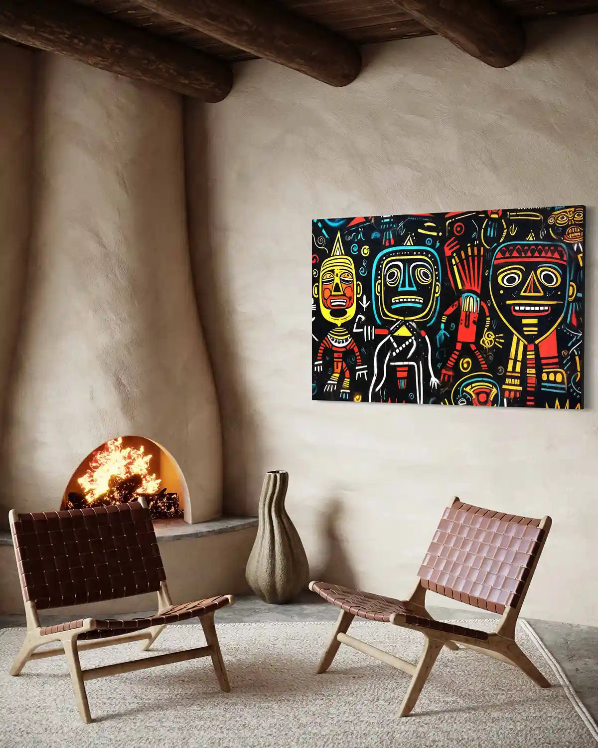 The Neighbors digital art print on oversized wall art in a modern cultural space with a fireplace, side view showcasing vibrant characters and whimsical design, adding a dynamic touch to contemporary home decor.