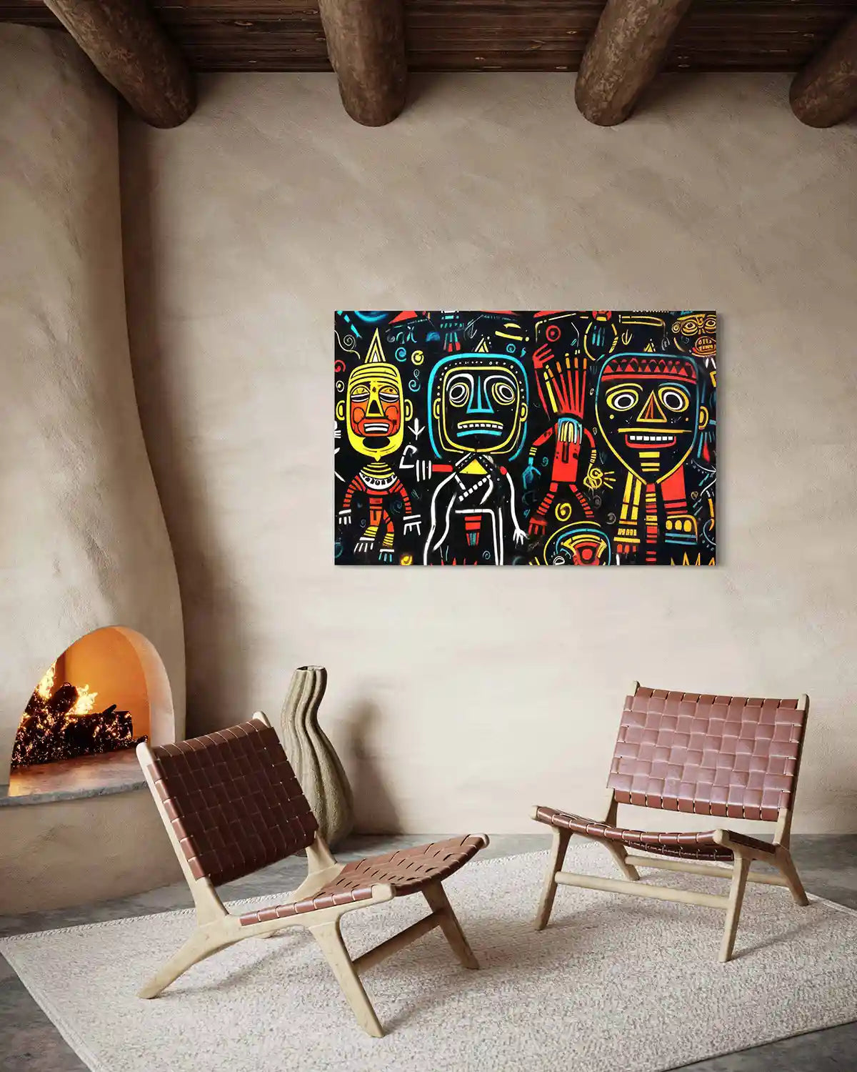 The Neighbors digital art print on oversized wall art in a modern cultural space with a fireplace, featuring vibrant characters and whimsical design, perfect for contemporary home decor