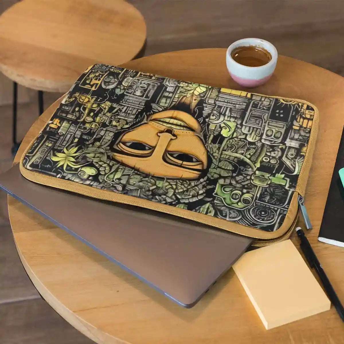 The Rhythm of the City digital art print on a sublimated laptop sleeve placed over a wooden table. The dynamic design brings a contemporary art vibe to the workspace, enhancing the home decor with a vibrant, energetic touch.