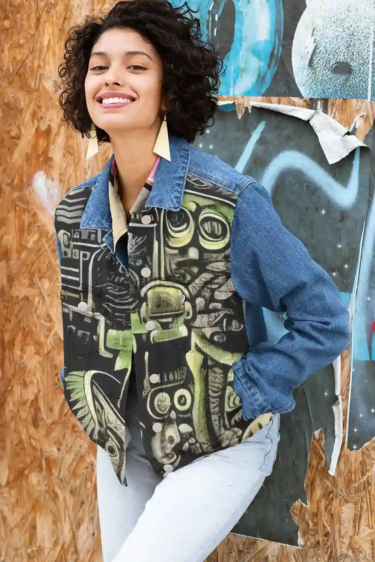 The Rhythm of the City digital art print on a denim jacket of a woman posing against a wall.