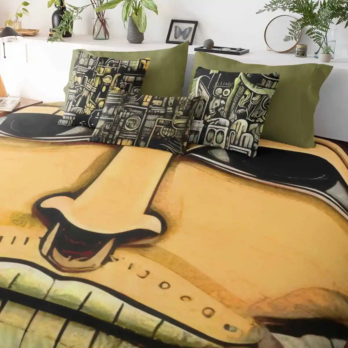 Bedroom decor with duvet cover and pillows featuring Rhythm of the City digital art print.
