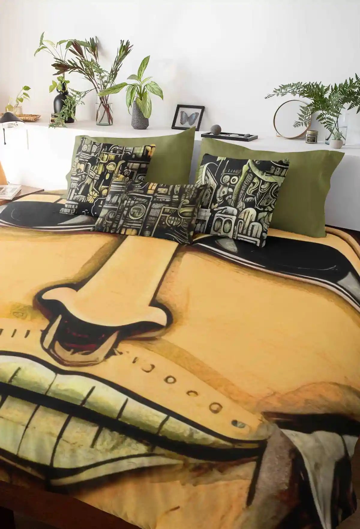 The Rhythm of the City digital art print on a duvet cover with a few pillows on a bed. The vibrant artwork enhances the bedroom's home decor with a contemporary art vibe, adding dynamic energy to the space.
