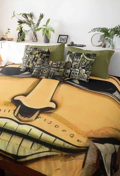 The Rhythm of the City digital art print on a duvet cover with a few pillows on a bed. The vibrant artwork enhances the bedroom's home decor with a contemporary art vibe, adding dynamic energy to the space.