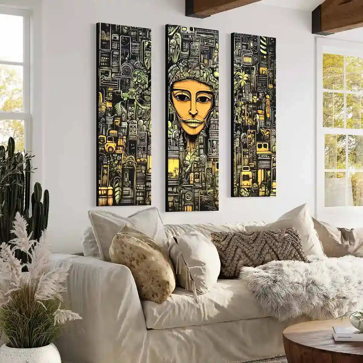 The Rhythm of the City digital art print on oversized triptych wall art in a cozy, elegant living room with a large sofa, side view. Featuring vibrant urban elements, it enhances modern home decor.