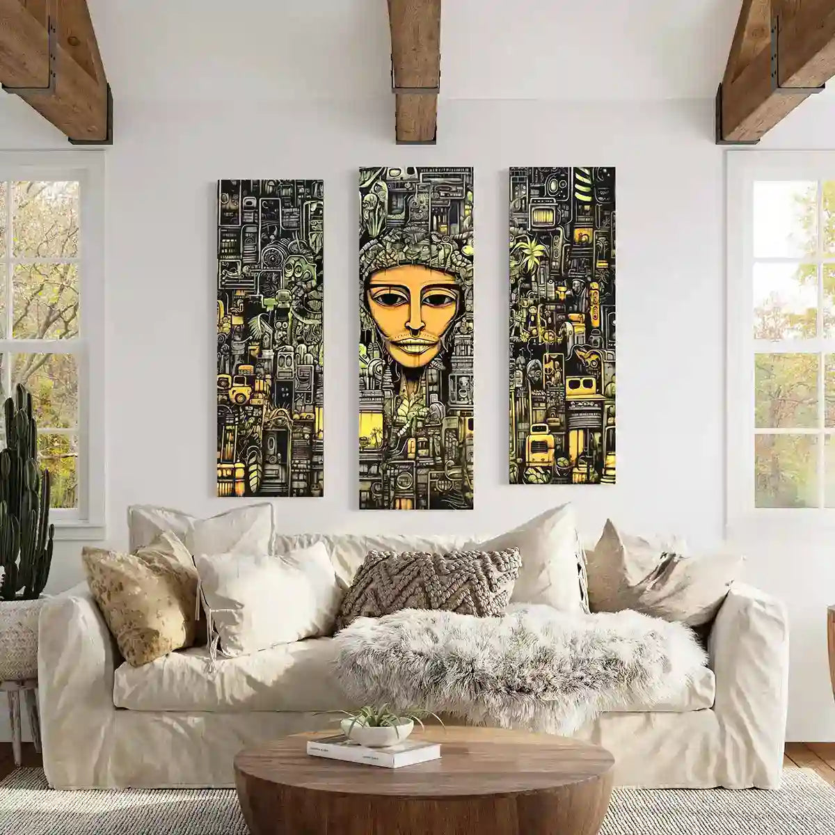 The Rhythm of the City digital art print on oversized triptych wall art in a cozy, elegant living room with a large sofa. Featuring vibrant urban elements, it adds a modern touch to home decor.