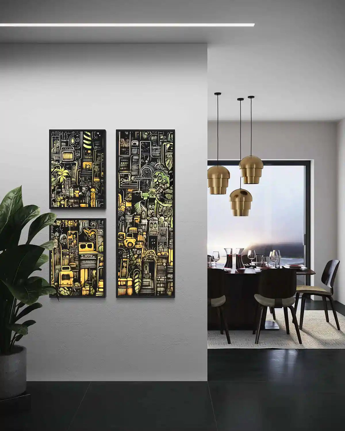 The Rhythm of the City digital art print on oversized triptych wall art in a luxury dining room, frontal view. Featuring bold urban elements, it adds a dynamic touch to modern home decor with a contemporary art aesthetic.