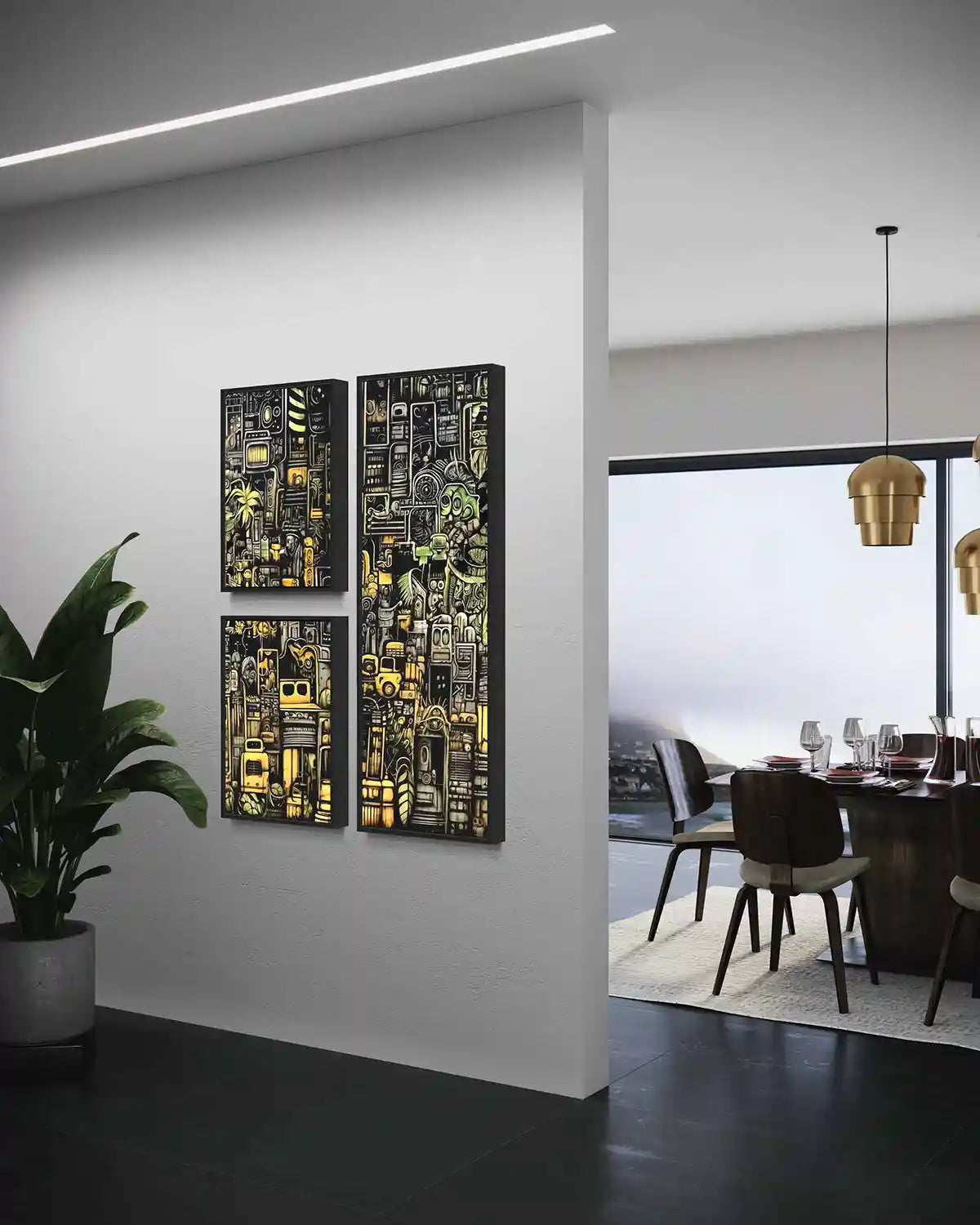 The Rhythm of the City digital art print on oversized triptych wall art in a luxury dining room, side view. Featuring dynamic urban elements, it enhances sophisticated home decor with a contemporary art flair