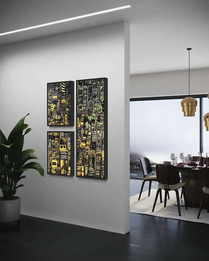 The Rhythm of the City digital art print on oversized triptych wall art in a luxury dining room, side view. Featuring dynamic urban elements, it enhances sophisticated home decor with a contemporary art flair