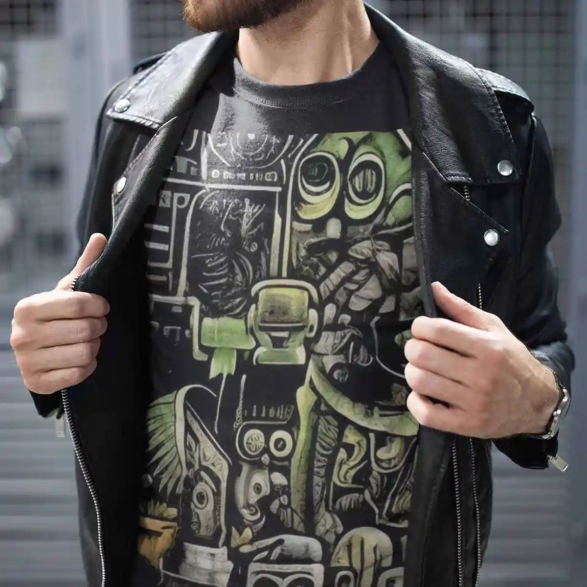 Streetwear t-shirt with Rhythm of the City digital art print worn by man in leather jacket.