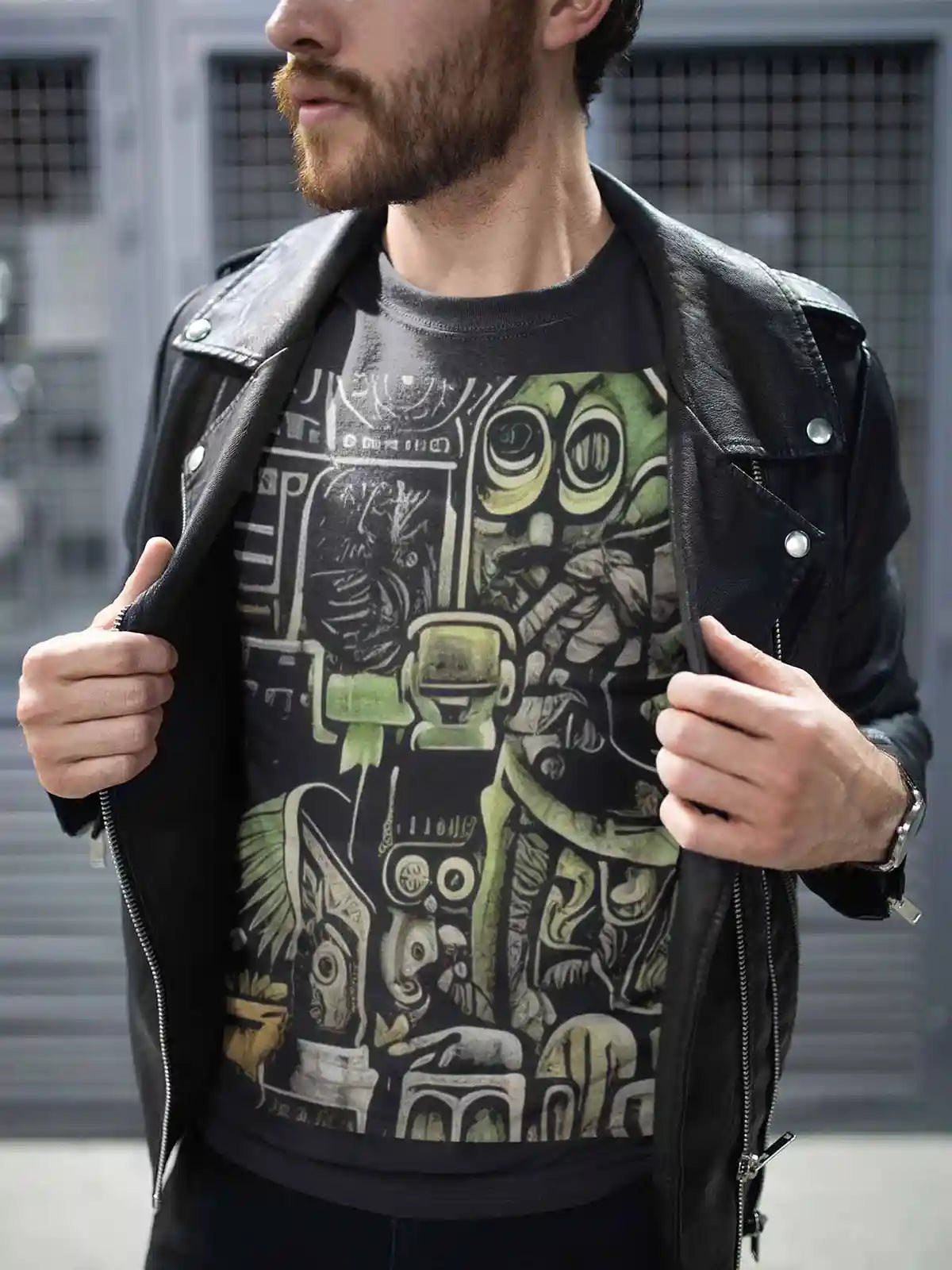 The Rhythm of the City digital art print on a t-shirt featuring a man wearing a leather jacket on the street.