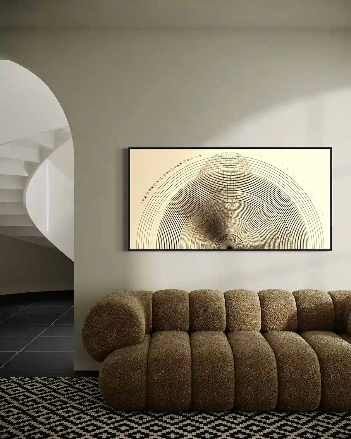Tidal Orbits digital art print on oversized wall art in a minimalist contemporary living room, featuring concentric circles and intricate patterns, adding geometric elegance and abstract art flair to the space.