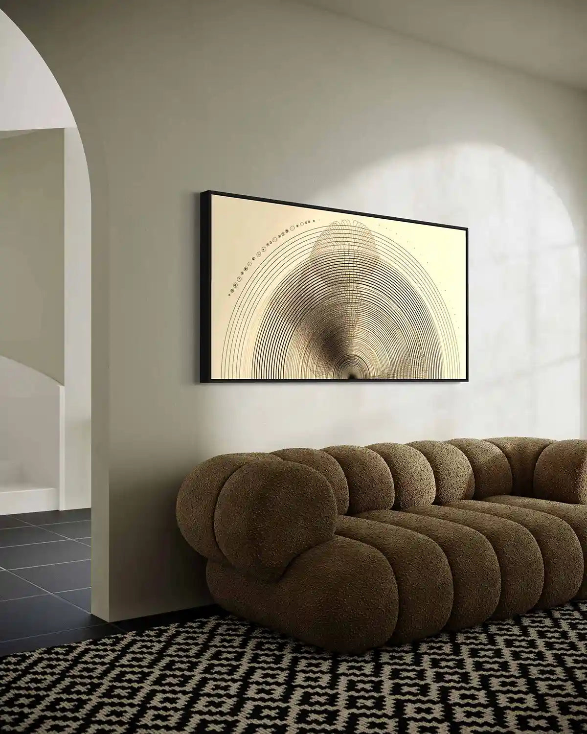 Tidal Orbits digital art print on oversized wall art in a minimalist contemporary living room, showcasing concentric circles and intricate patterns, enhancing the space with abstract art and geometric elegance.
