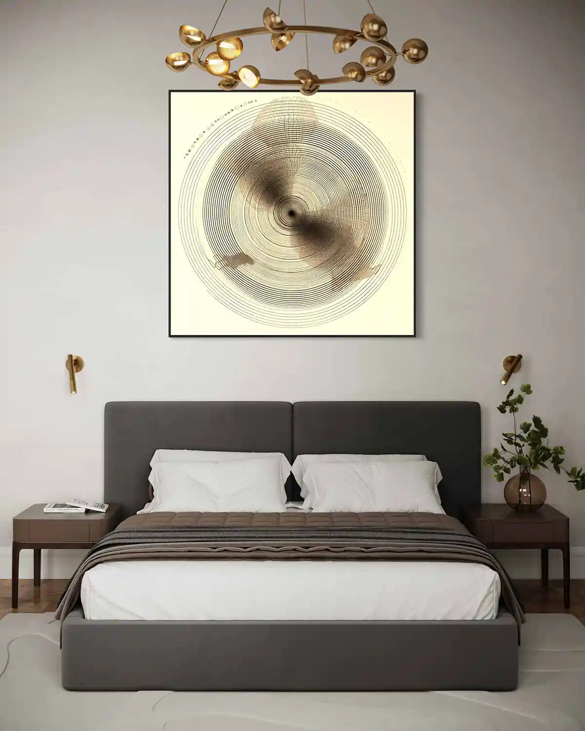 Tidal Orbits digital art print on oversized wall art in a minimalist elegant bedroom, featuring concentric circles and intricate patterns, adding abstract art and geometric elegance to the space.