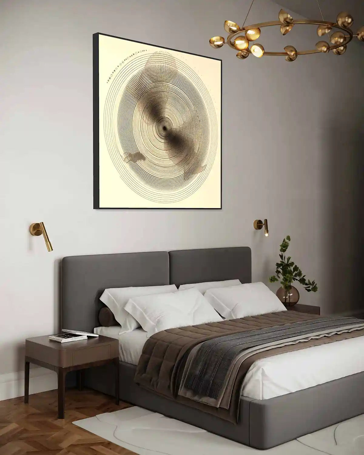 Tidal Orbits digital art print on oversized wall art in a minimalist elegant bedroom, showcasing concentric circles and intricate patterns, bringing abstract art and geometric elegance to the room.