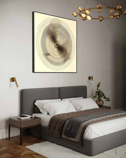 Tidal Orbits digital art print on oversized wall art in a minimalist elegant bedroom, showcasing concentric circles and intricate patterns, bringing abstract art and geometric elegance to the room.