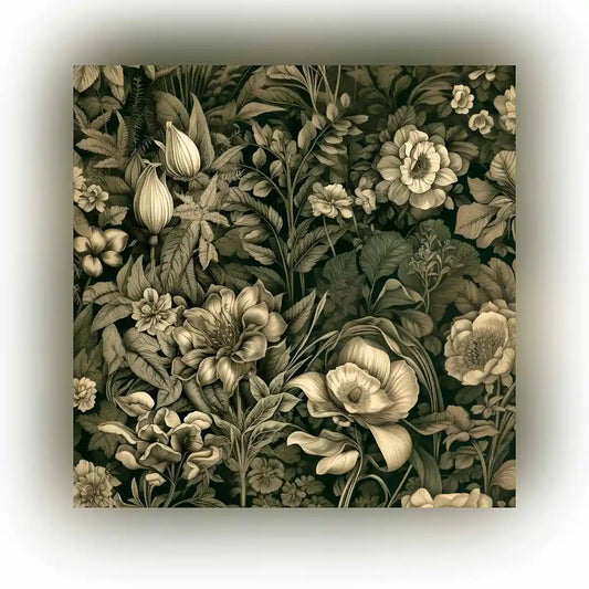 Featured image of Verdant Melody digital art showcasing intricate foliage and flowers in sepia tones, capturing the timeless beauty of nature with an abstract art style.