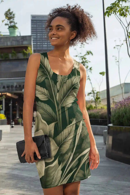 Verdant Melody digital art print on a racerback dress featuring a woman in the city, showcasing intricate floral and foliage patterns in sepia tones, adding elegance to her modern outfit.
