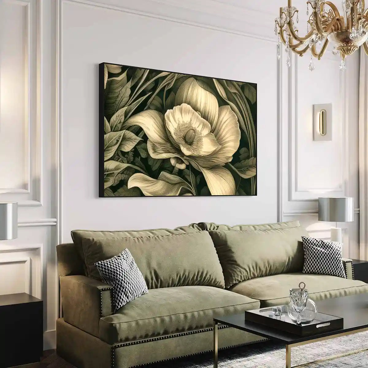 Verdant Melody digital art print on oversized wall art in a luxury living room with sofa, side view, showcasing intricate foliage and flowers in sepia tones, adding refined elegance to the contemporary home decor.