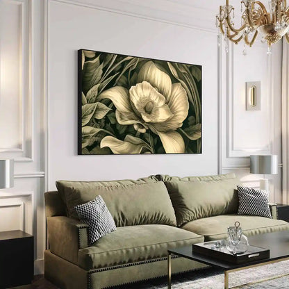 Verdant Melody digital art print on oversized wall art in a luxury living room with sofa, side view, showcasing intricate foliage and flowers in sepia tones, adding refined elegance to the contemporary home decor.