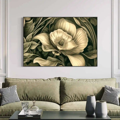 Verdant Melody digital art print on oversized wall art in a luxury living room with sofa, featuring intricate foliage and flowers in sepia tones, adding a touch of sophistication to the contemporary home decor.