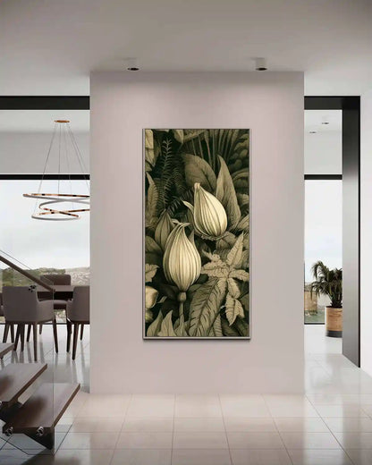 Verdant Melody digital art print on oversized wall art in a minimalist modern entry space, featuring intricate foliage and flowers in sepia tones, adding a touch of natural beauty to the contemporary home design.