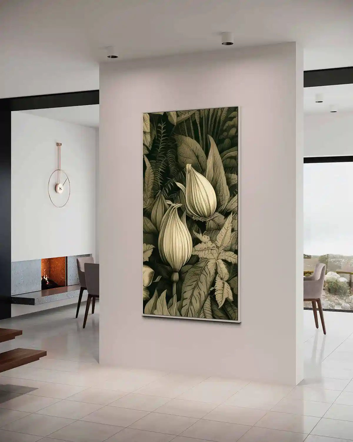 Verdant Melody digital art print on oversized wall art in a minimalist modern entry space, featuring intricate foliage and flowers in sepia tones, adding a touch of natural beauty to the contemporary home design.