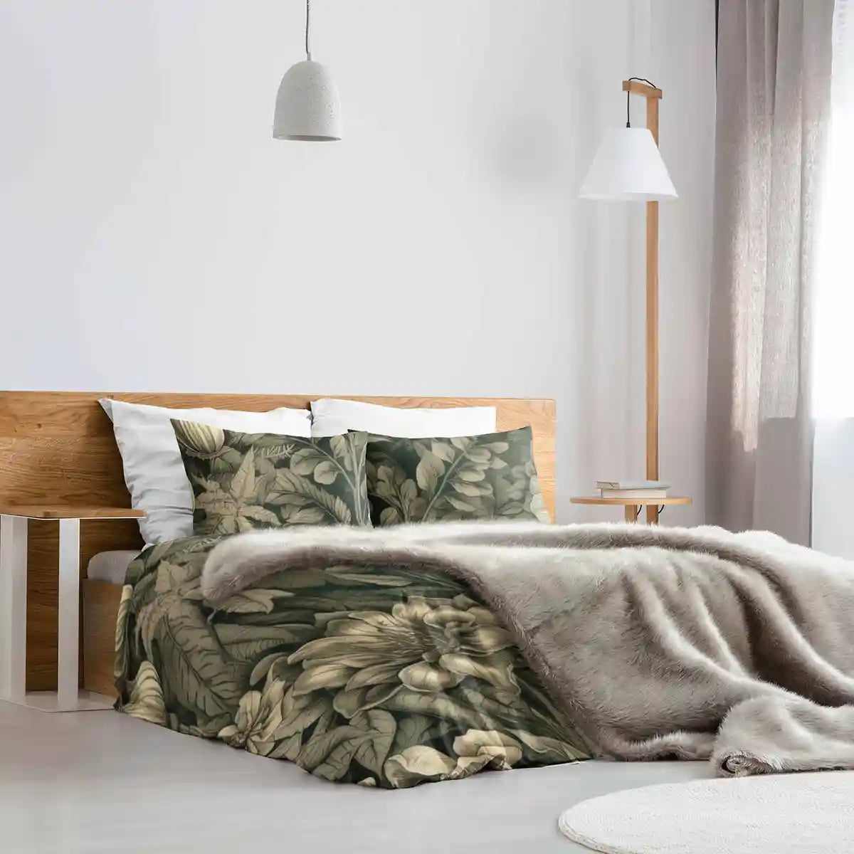 Verdant Melody digital art print on a pillow and duvet cover in a modern bedroom, featuring intricate floral patterns in sepia tones, adding elegance and tranquility to the bed setup.