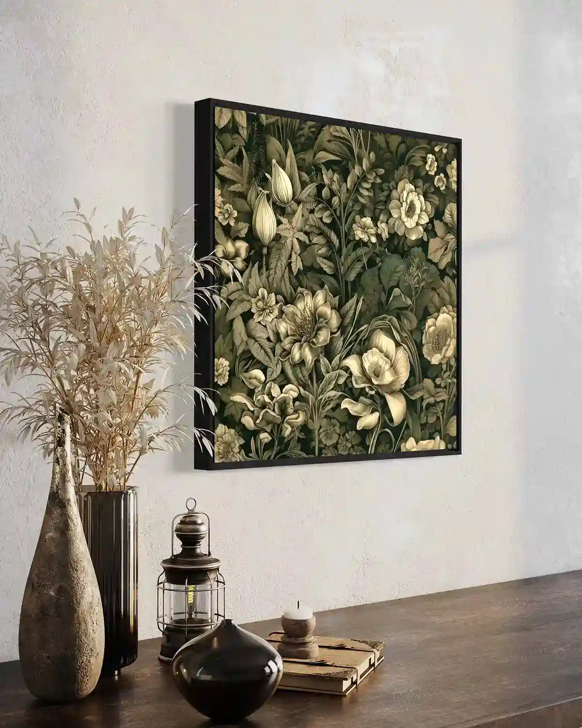Verdant Melody digital art print on wall art in an elegant living space, close-up side view, showcasing intricate foliage and flowers in sepia tones, seamlessly fitting into contemporary home decor.