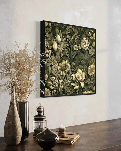 Verdant Melody digital art print on wall art in an elegant living space, close-up side view, showcasing intricate foliage and flowers in sepia tones, seamlessly fitting into contemporary home decor.