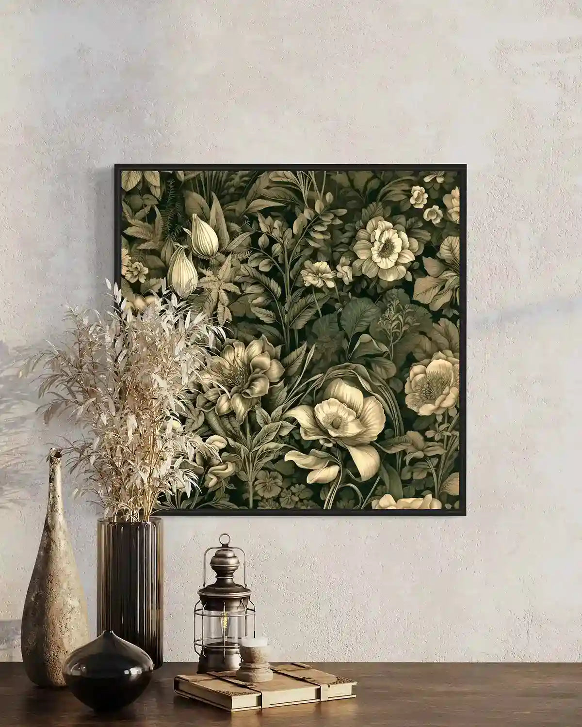 Verdant Melody digital art print on wall art in an elegant living space, close-up view, featuring intricate foliage and flowers in sepia tones, complementing contemporary home decor.