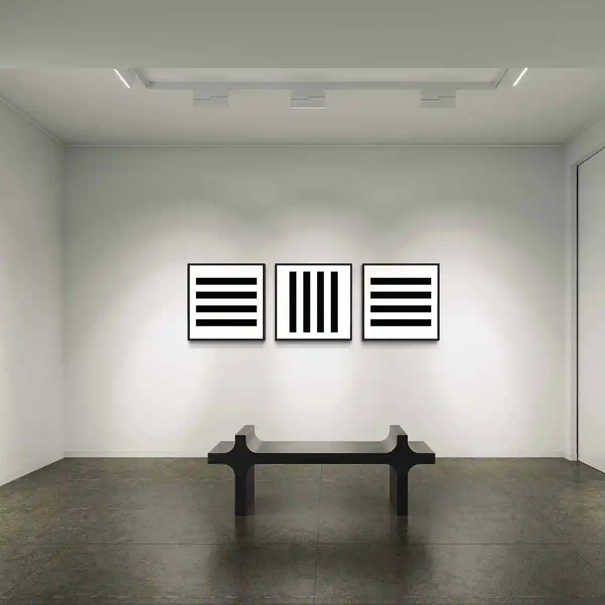 Vertical Stripes digital art print on oversized triptych wall art in a contemporary gallery, featuring bold black and white vertical lines in a minimalist design.