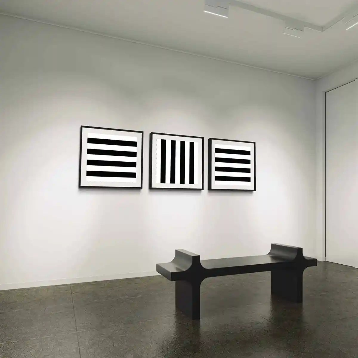 Vertical Stripes digital art print on oversized triptych wall art in a contemporary gallery, showcasing bold black and white vertical lines in a minimalist design.