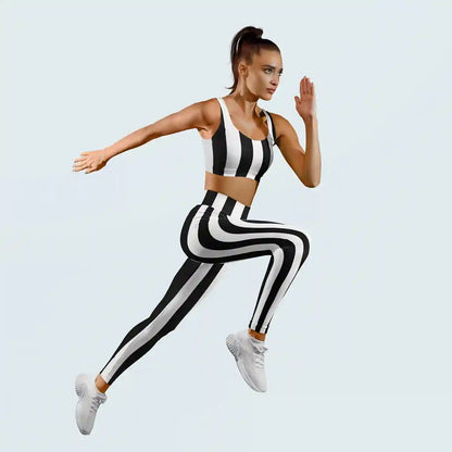 Vertical Stripes digital art printed on sports bra and leggings, featuring a fitness woman running, with bold black and white lines creating a minimalist design, perfect for activewear and contemporary style.