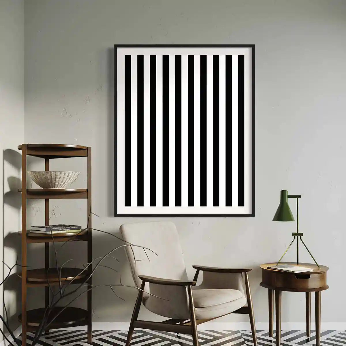 Vertical Stripes digital art print on oversized wall art in modern space, frontal view.