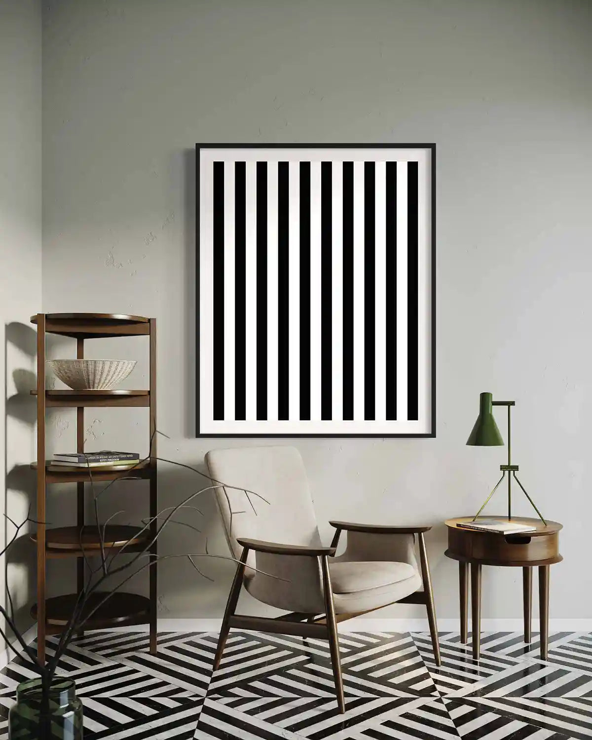 Vertical Stripes digital art print on wall art in a modern space, featuring bold black and white vertical lines in a minimalist design.