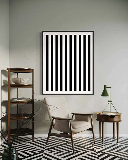 Vertical Stripes digital art print on wall art in a modern space, featuring bold black and white vertical lines in a minimalist design.
